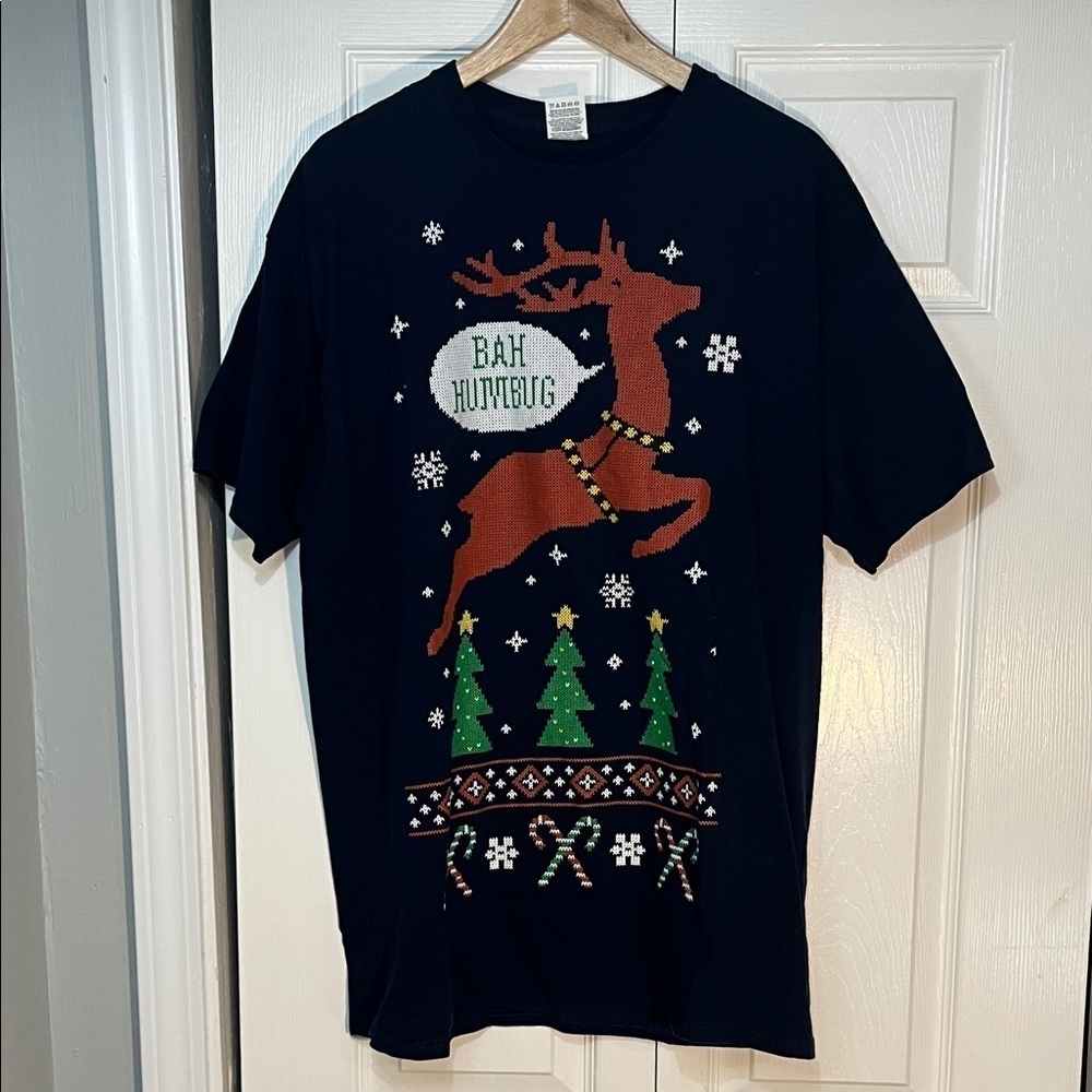 Bah Humbug Festive Christmas Holiday Reindeer Graphic T-Shirt Size XL